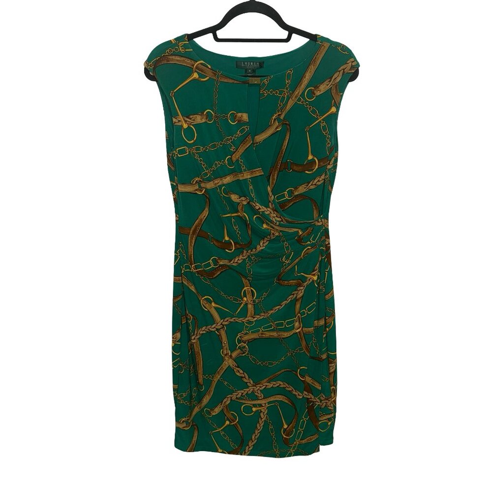 Lauren Ralph Lauren Green Gold Horsebit Cap Sleeve Jersey Faux Wrap Dress Sz 10